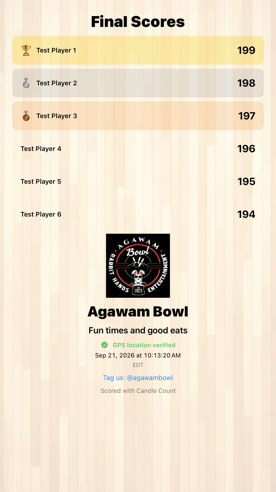 Candle Count results preview with six sample players, an Agawam Bowl logo, promotional message, date, and GPS location status